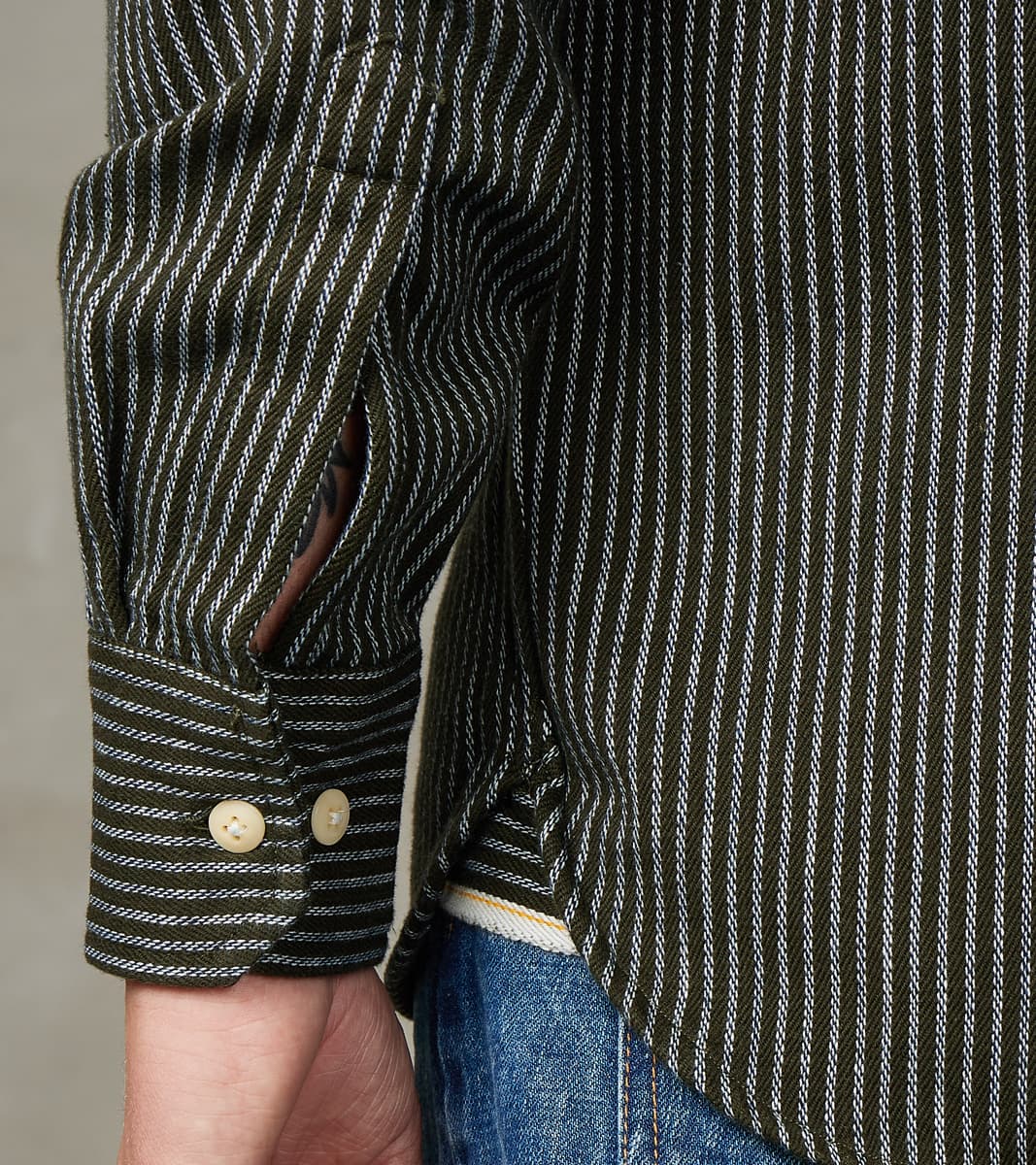 No.248 DR Field Pocket Utility Shirt - Handwoven Selvedge 10oz Twill Dobby Weave Denim - Olive Indigo Stripe