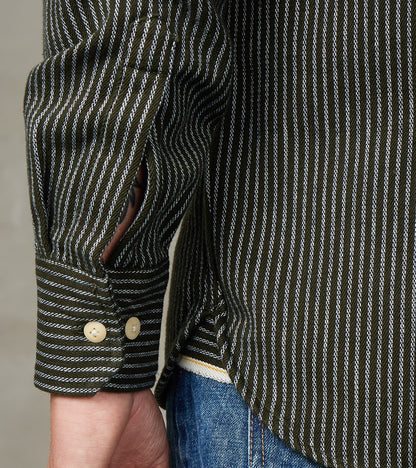 No.248 DR Field Pocket Utility Shirt - Handwoven Selvedge 10oz Twill Dobby Weave Denim - Olive Indigo Stripe