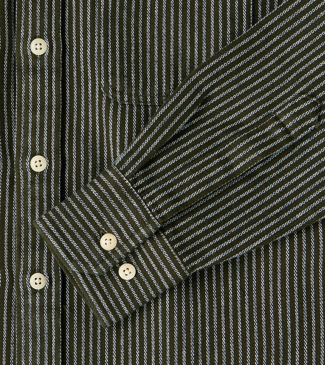 No.248 DR Field Pocket Utility Shirt - Handwoven Selvedge 10oz Twill Dobby Weave Denim - Olive Indigo Stripe