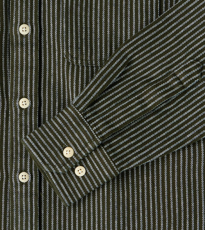 No.248 DR Field Pocket Utility Shirt - Handwoven Selvedge 10oz Twill Dobby Weave Denim - Olive Indigo Stripe