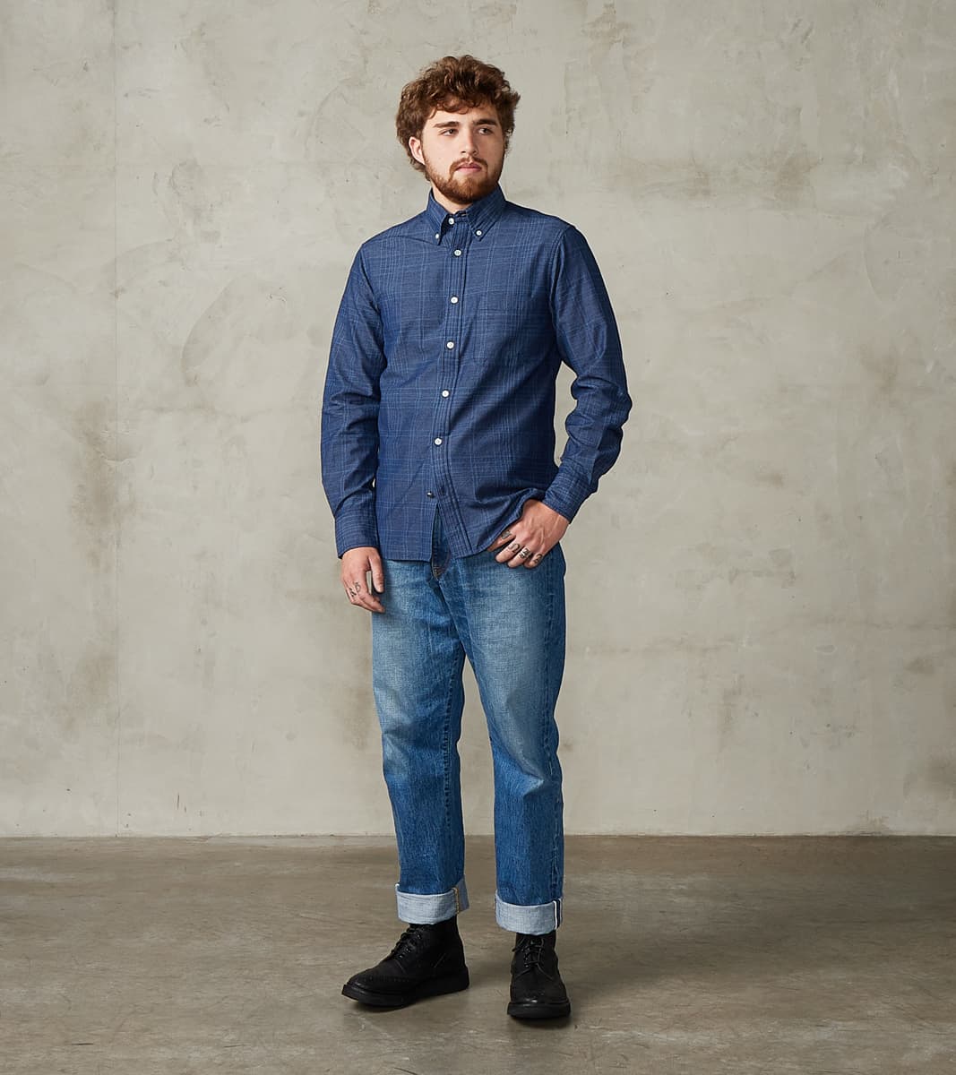 No.5 Classic Button Down - Handwoven Selvedge Stout Weave Chambray - Indigo Check