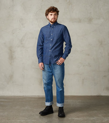 No.5 Classic Button Down - Handwoven Selvedge Stout Weave Chambray - Indigo Check