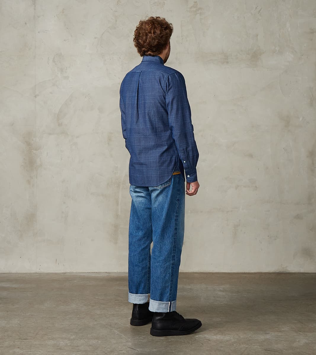 No.5 Classic Button Down - Handwoven Selvedge Stout Weave Chambray - Indigo Check