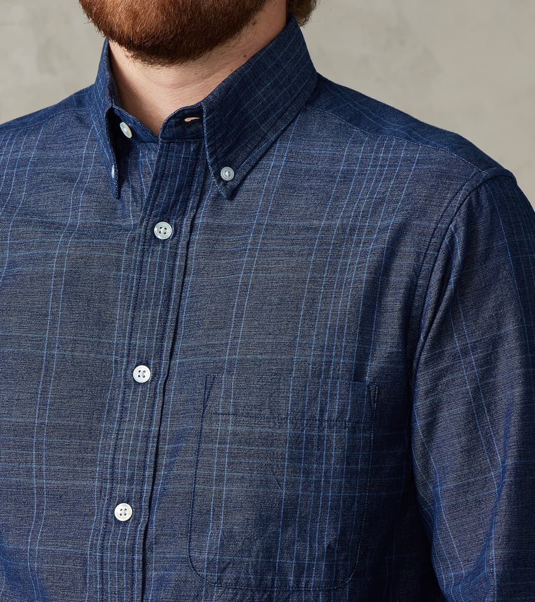 No.5 Classic Button Down - Handwoven Selvedge Stout Weave Chambray - Indigo Check