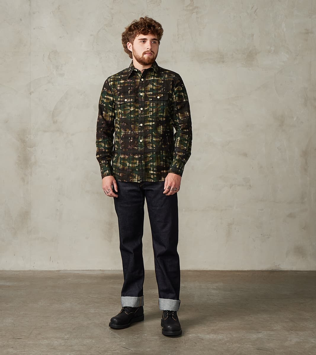No.248 DR Field Pocket Utility Shirt - Handwoven Selvedge Stout Weave Madras - Olive Batik Camo Check