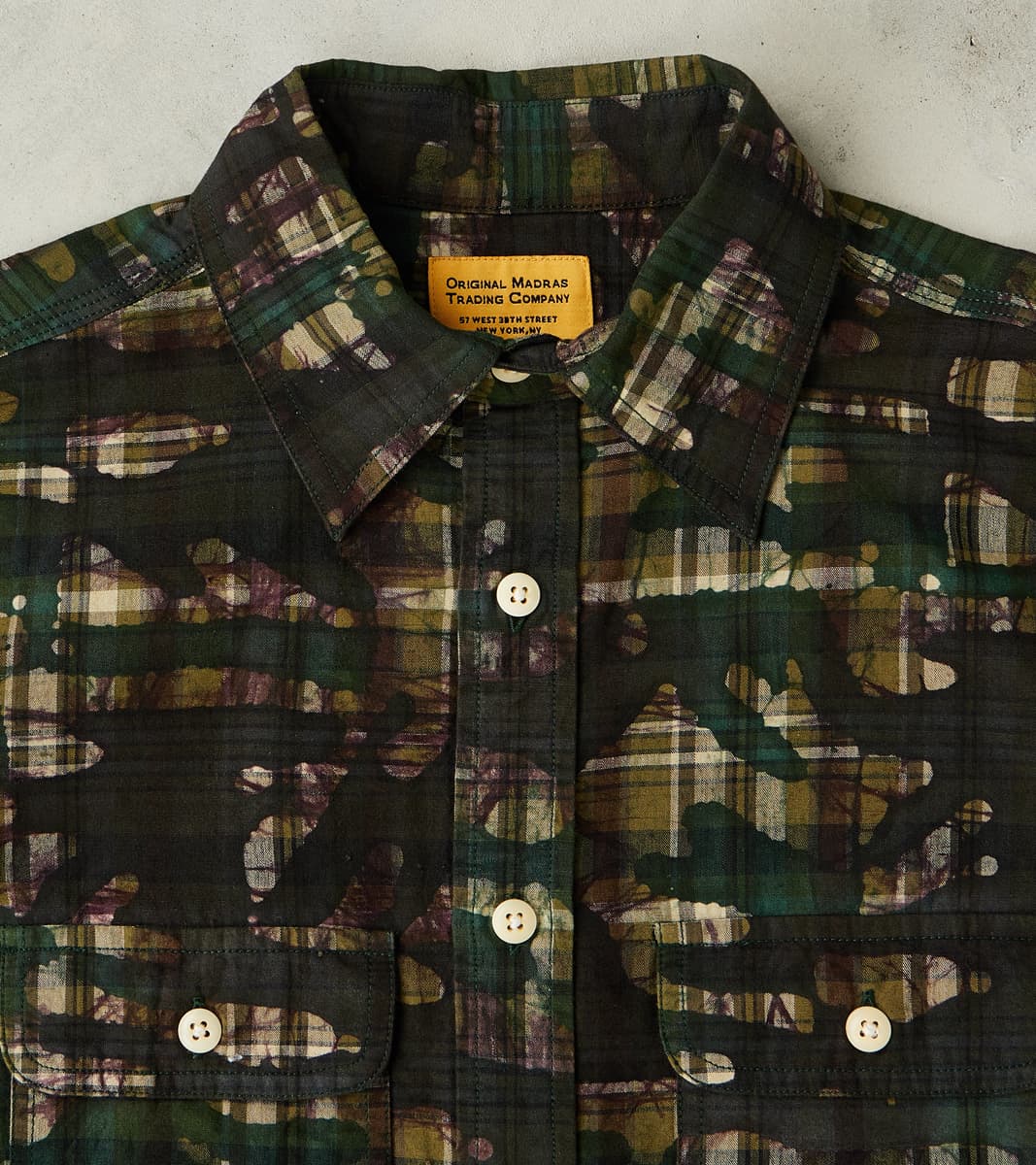 No.248 DR Field Pocket Utility Shirt - Handwoven Selvedge Stout Weave Madras - Olive Batik Camo Check