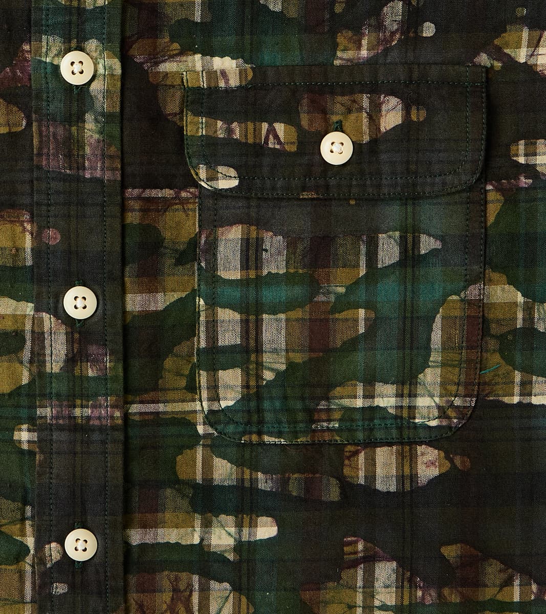 No.248 DR Field Pocket Utility Shirt - Handwoven Selvedge Stout Weave Madras - Olive Batik Camo Check
