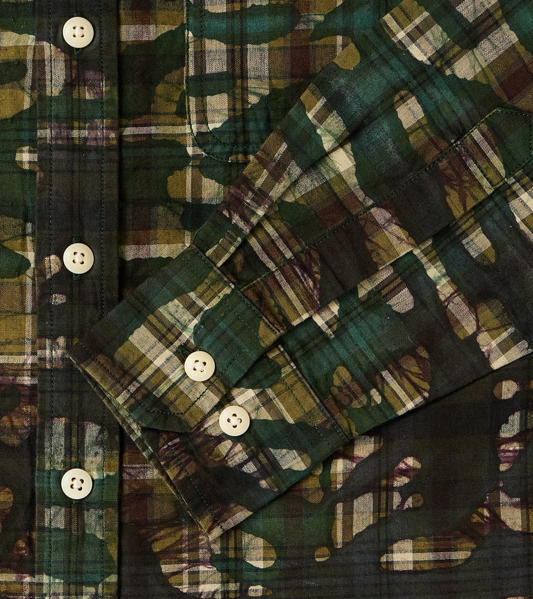 No.248 DR Field Pocket Utility Shirt - Handwoven Selvedge Stout Weave Madras - Olive Batik Camo Check
