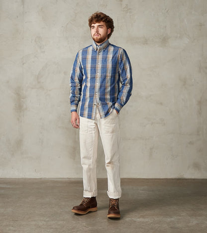 No.5 Classic Button Down - Handwoven Natural Dye & Raw Yarn Selvedge Stout Weave - Tan Blue Check