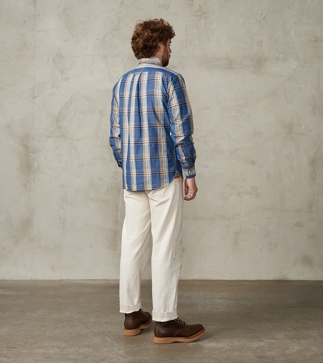 No.5 Classic Button Down - Handwoven Natural Dye & Raw Yarn Selvedge Stout Weave - Tan Blue Check