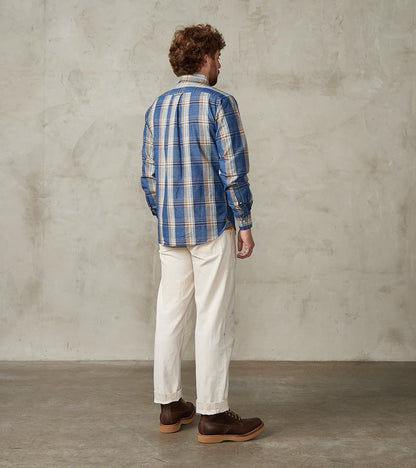 No.5 Classic Button Down - Handwoven Natural Dye & Raw Yarn Selvedge Stout Weave - Tan Blue Check