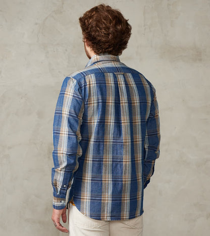 No.5 Classic Button Down - Handwoven Natural Dye & Raw Yarn Selvedge Stout Weave - Tan Blue Check