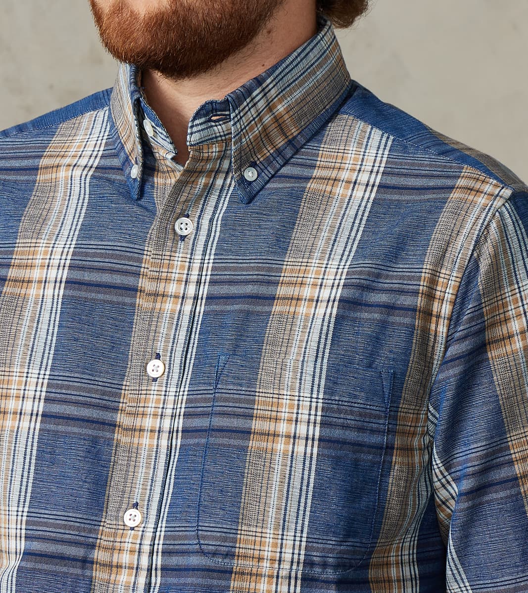 No.5 Classic Button Down - Handwoven Natural Dye & Raw Yarn Selvedge Stout Weave - Tan Blue Check