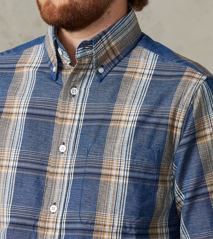 No.5 Classic Button Down - Handwoven Natural Dye & Raw Yarn Selvedge Stout Weave - Tan Blue Check