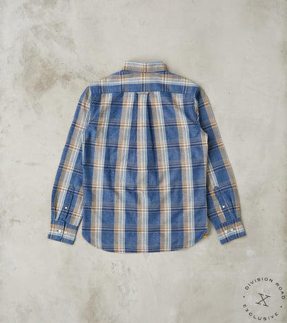 No.5 Classic Button Down - Handwoven Natural Dye & Raw Yarn Selvedge Stout Weave - Tan Blue Check