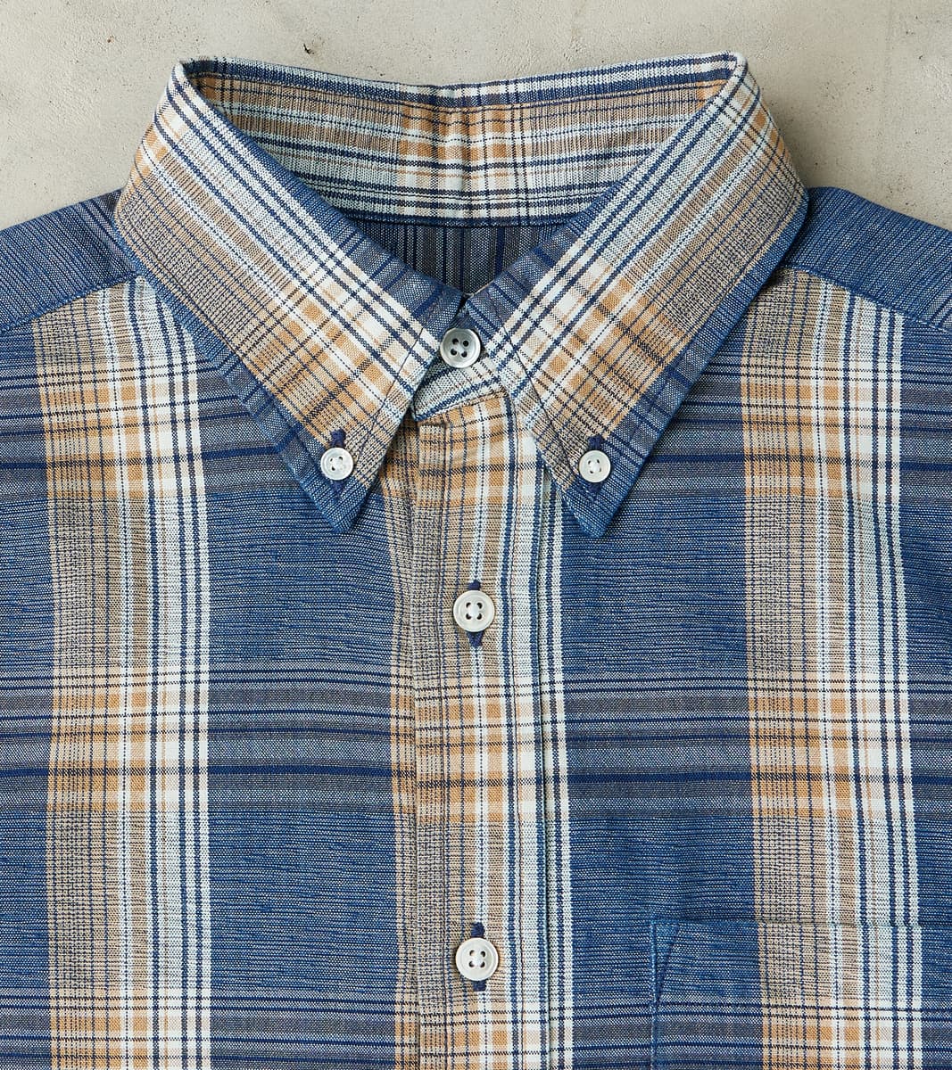 No.5 Classic Button Down - Handwoven Natural Dye & Raw Yarn Selvedge Stout Weave - Tan Blue Check