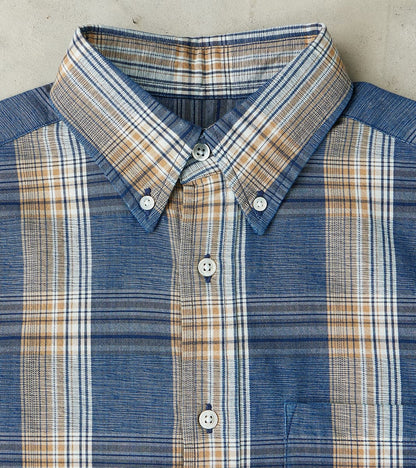No.5 Classic Button Down - Handwoven Natural Dye & Raw Yarn Selvedge Stout Weave - Tan Blue Check