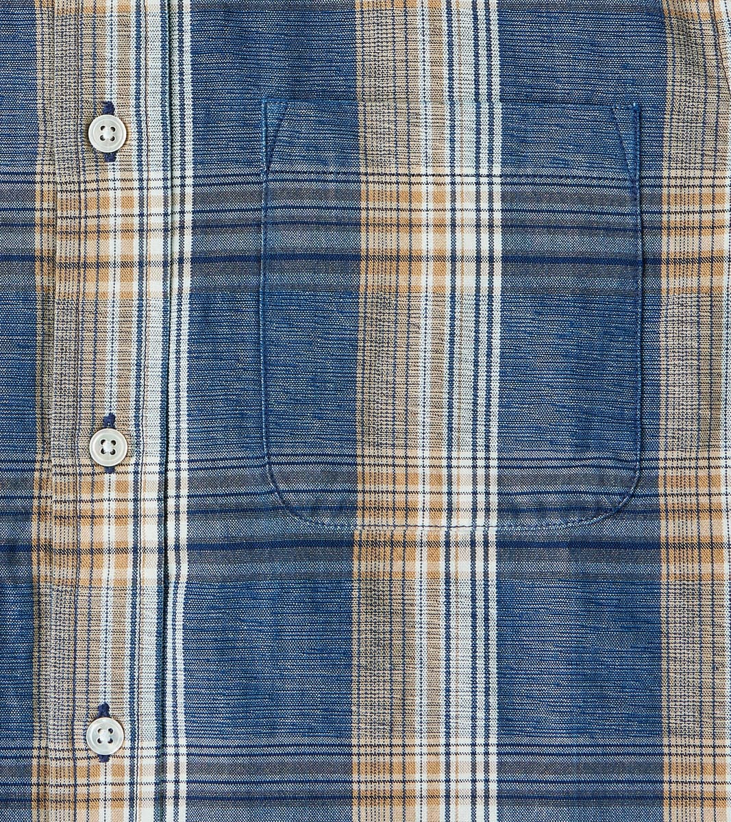 No.5 Classic Button Down - Handwoven Natural Dye & Raw Yarn Selvedge Stout Weave - Tan Blue Check