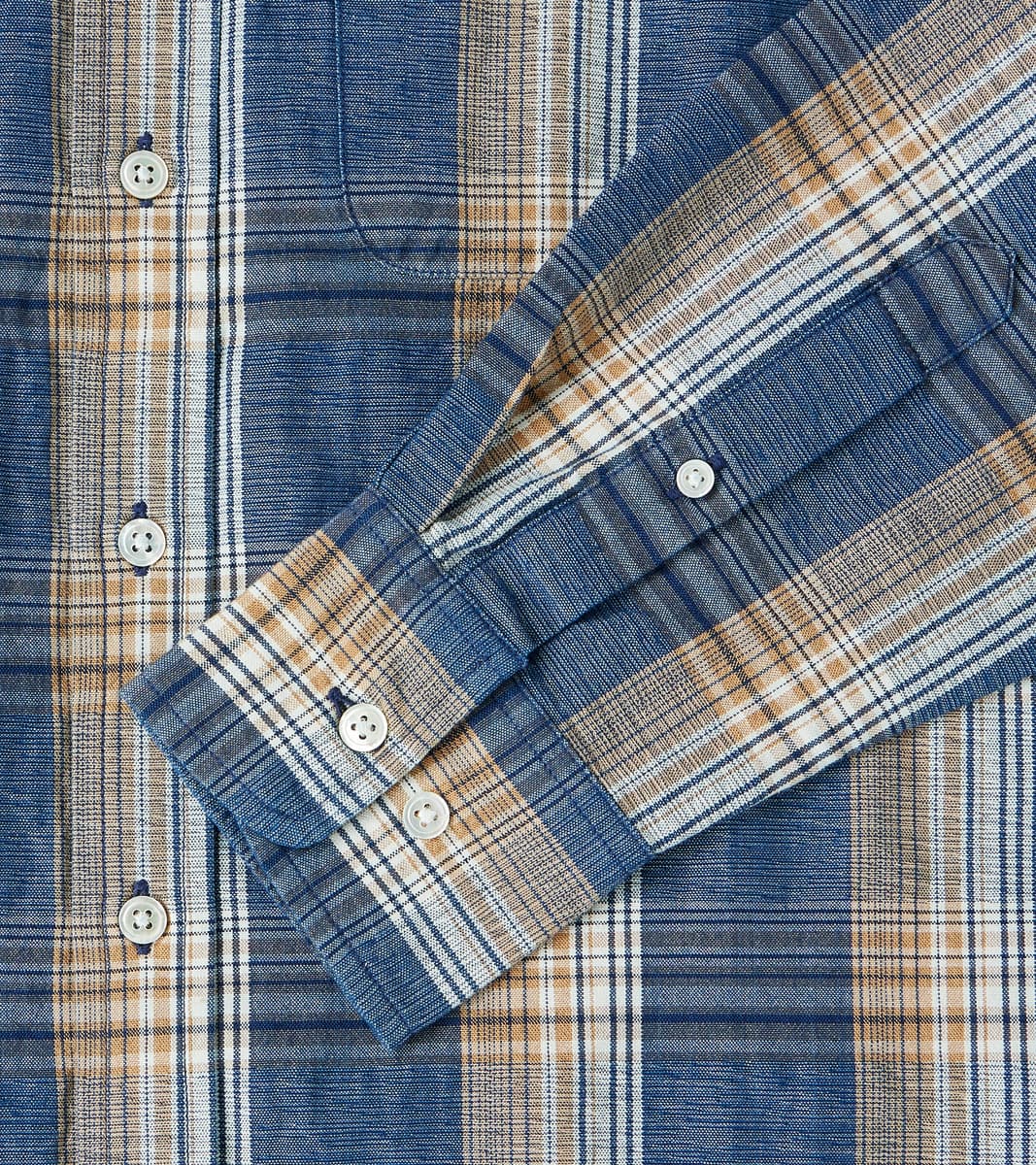No.5 Classic Button Down - Handwoven Natural Dye & Raw Yarn Selvedge Stout Weave - Tan Blue Check
