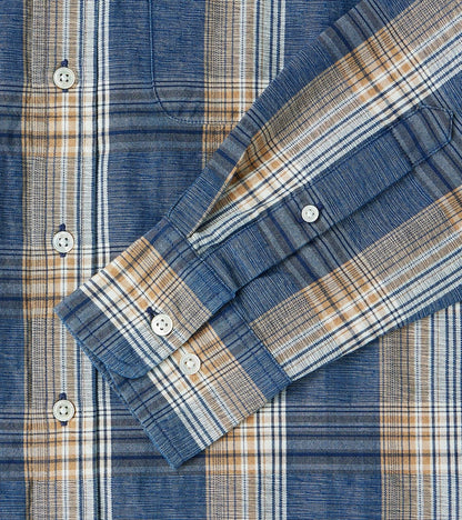 No.5 Classic Button Down - Handwoven Natural Dye & Raw Yarn Selvedge Stout Weave - Tan Blue Check