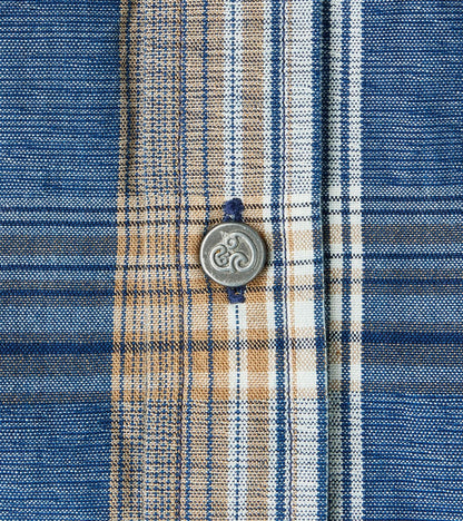 No.5 Classic Button Down - Handwoven Natural Dye & Raw Yarn Selvedge Stout Weave - Tan Blue Check