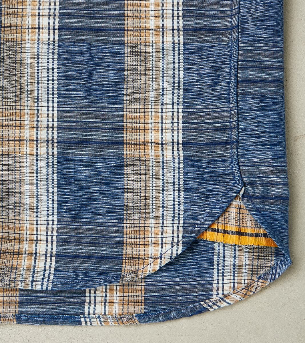 No.5 Classic Button Down - Handwoven Natural Dye & Raw Yarn Selvedge Stout Weave - Tan Blue Check