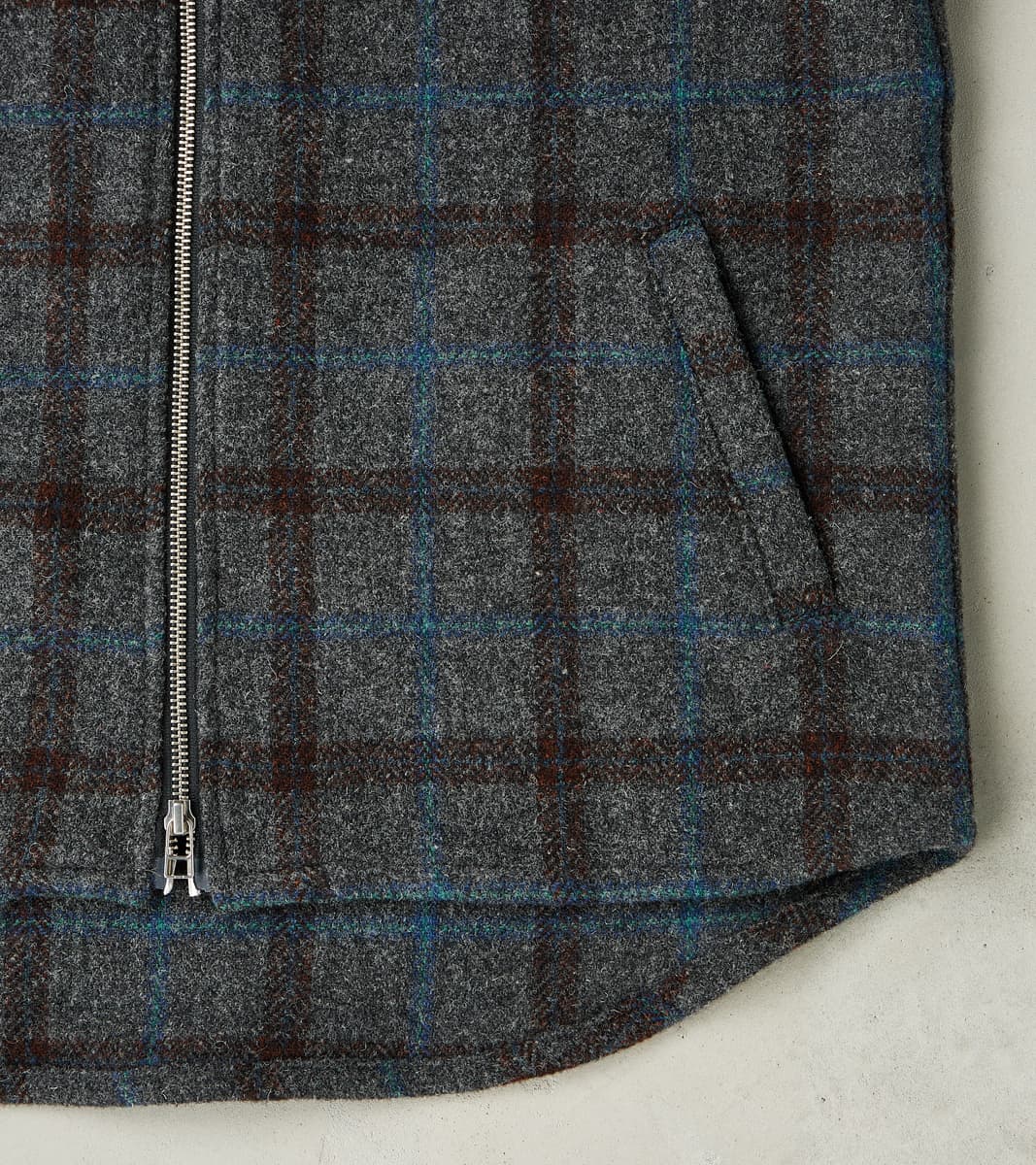 Italian Tweed Plaid Zip Overshirt - Grey