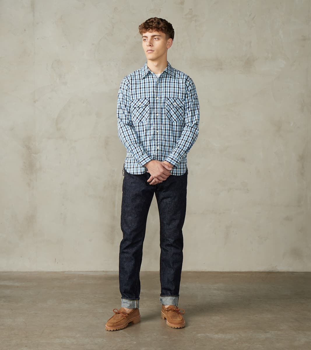 SSS25-CSW Natural Indigo Dyed Sashiko Gingham Check Work Shirt