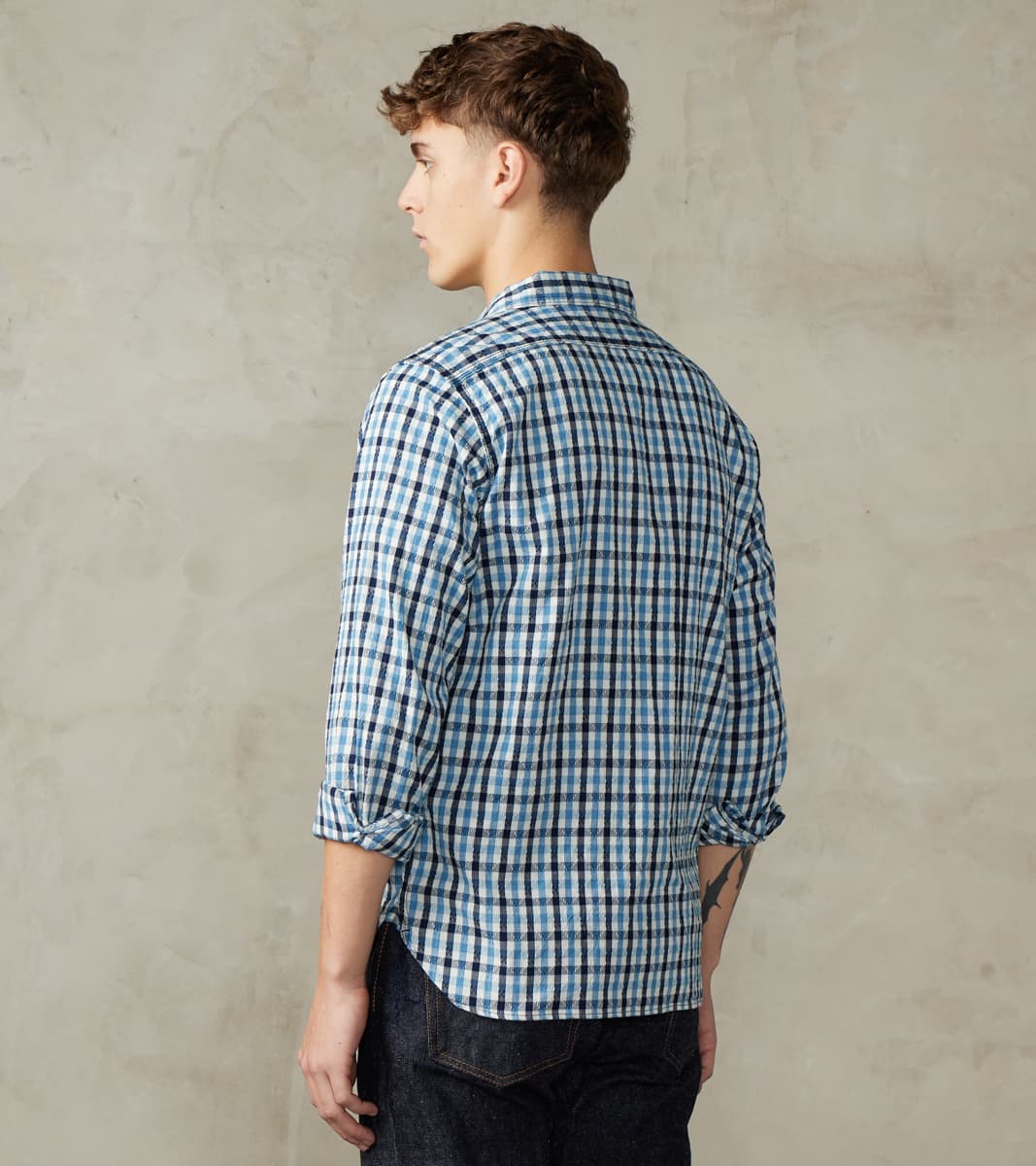 SSS25-CSW Natural Indigo Dyed Sashiko Gingham Check Work Shirt