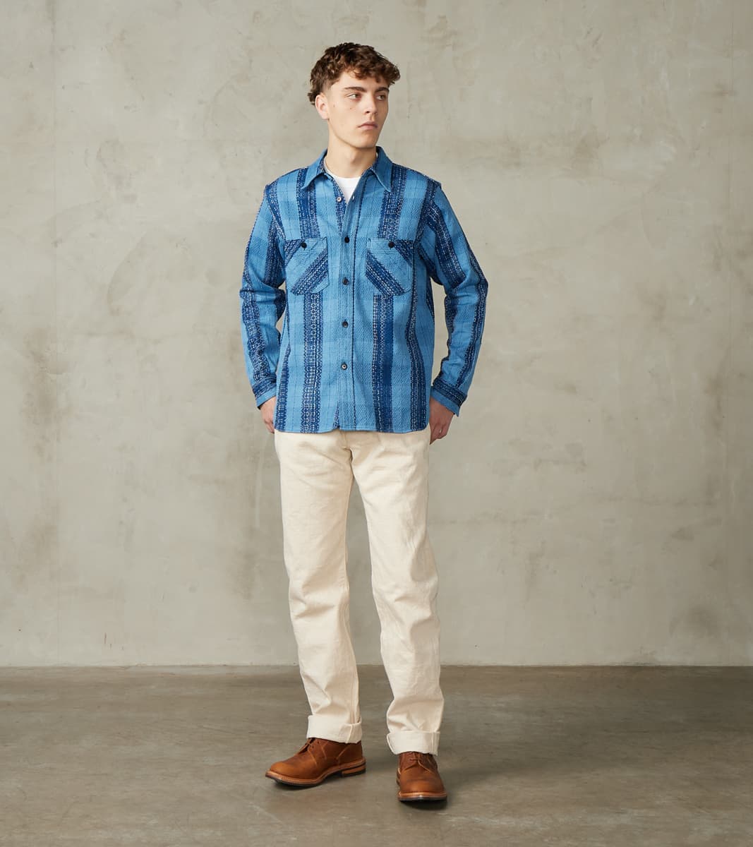 SKN24-01W Indigo Dyed Sashiko Flannel Rain Drop Kasuri Work Shirt