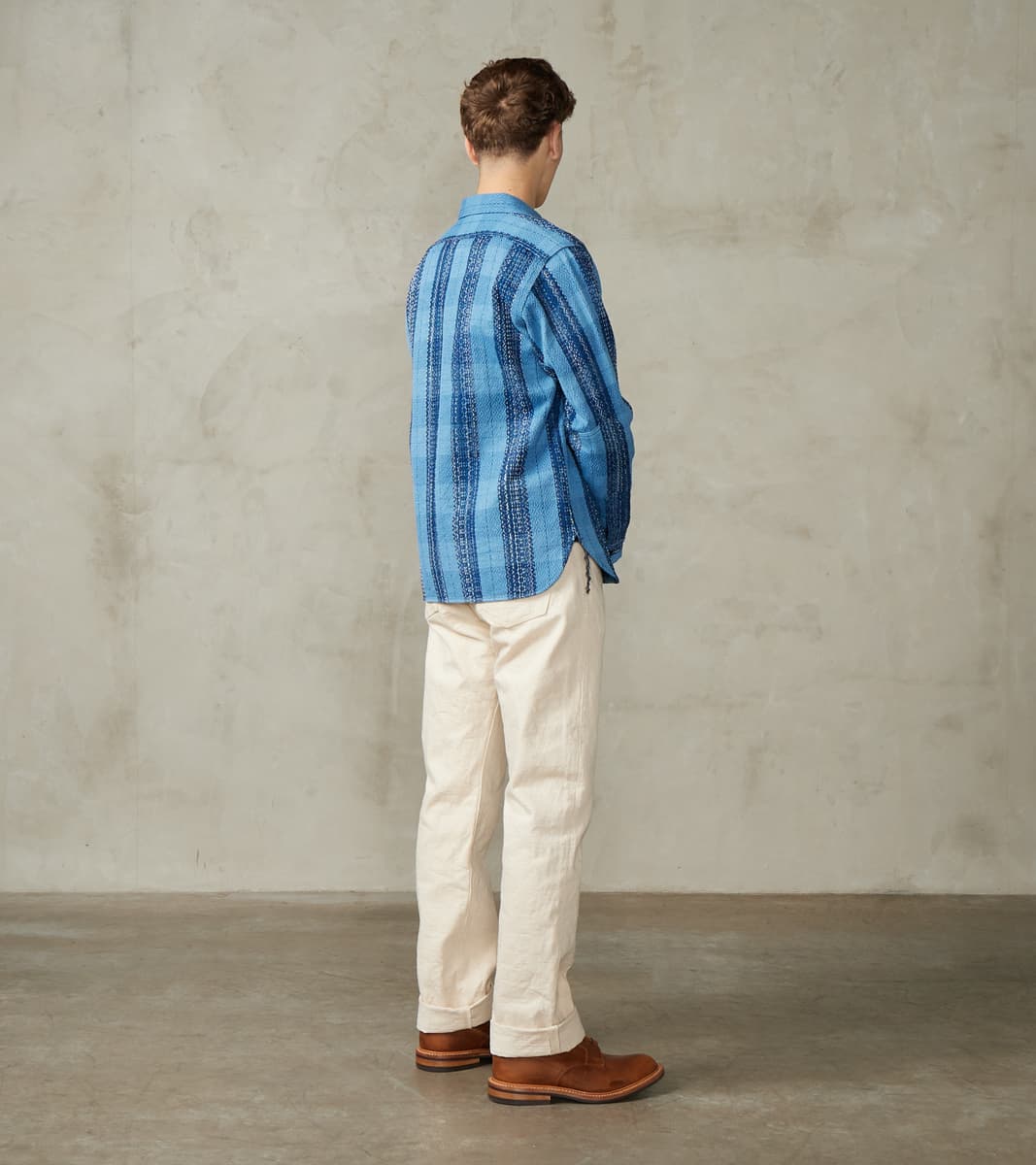 SKN24-01W Indigo Dyed Sashiko Flannel Rain Drop Kasuri Work Shirt