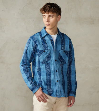 Samurai SKN24-01W Indigo Dyed Sashiko Flannel Rain Drop Kasuri Work Sh…