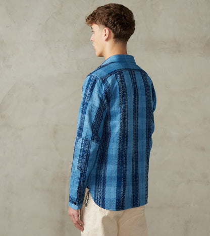 SKN24-01W Indigo Dyed Sashiko Flannel Rain Drop Kasuri Work Shirt