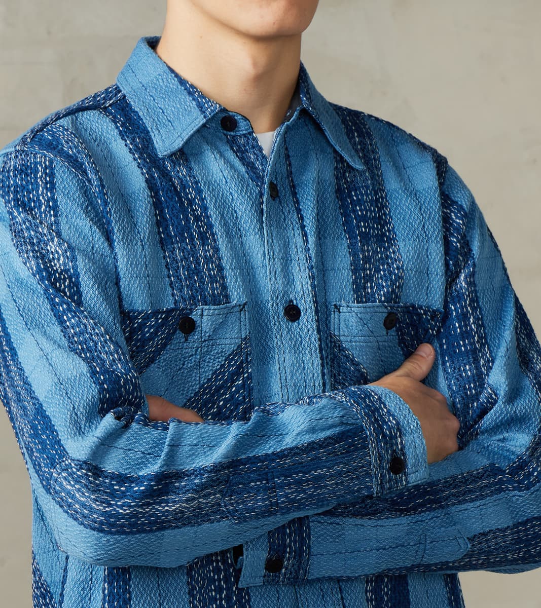 SKN24-01W Indigo Dyed Sashiko Flannel Rain Drop Kasuri Work Shirt