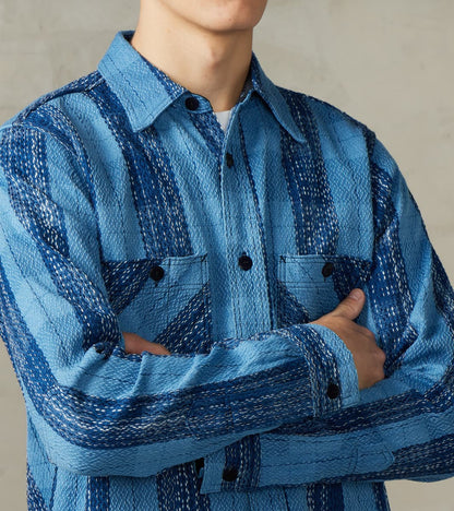 SKN24-01W Indigo Dyed Sashiko Flannel Rain Drop Kasuri Work Shirt