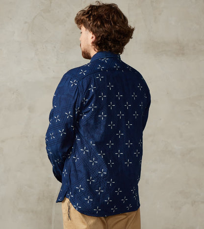 SSS25-02W Indigo Dyed Narihirabishi Goldfish Jacquard Work Shirt
