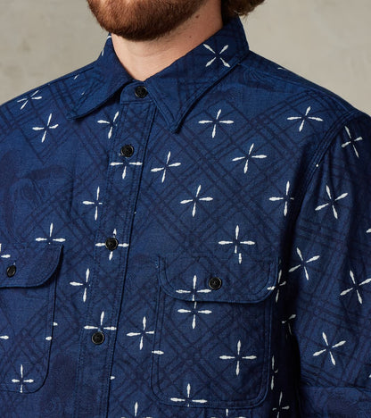 SSS25-02W Indigo Dyed Narihirabishi Goldfish Jacquard Work Shirt