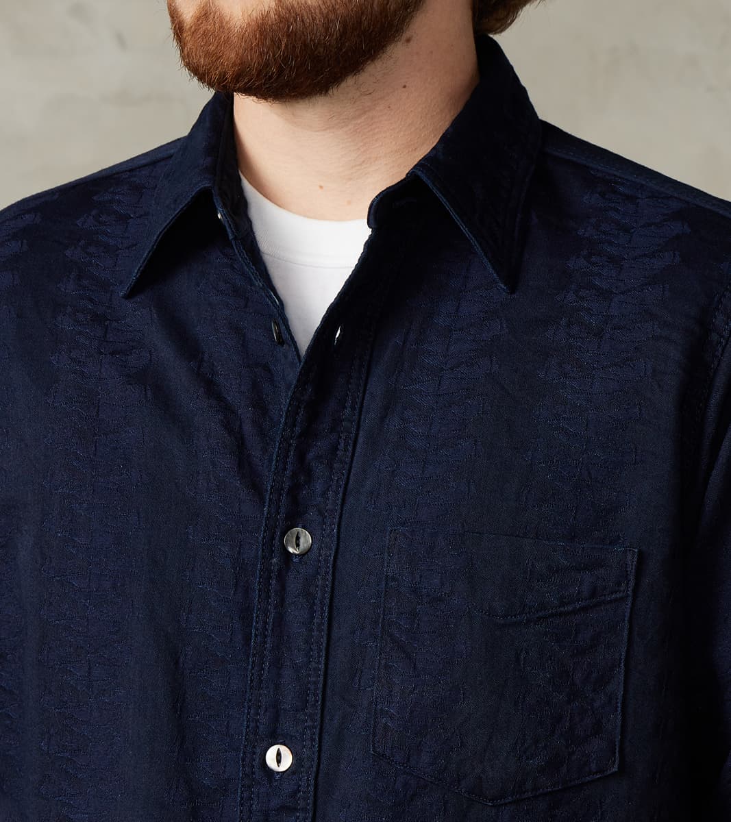 SSS26-01W Indigo Dyed Sengen Jacquard Work Shirt