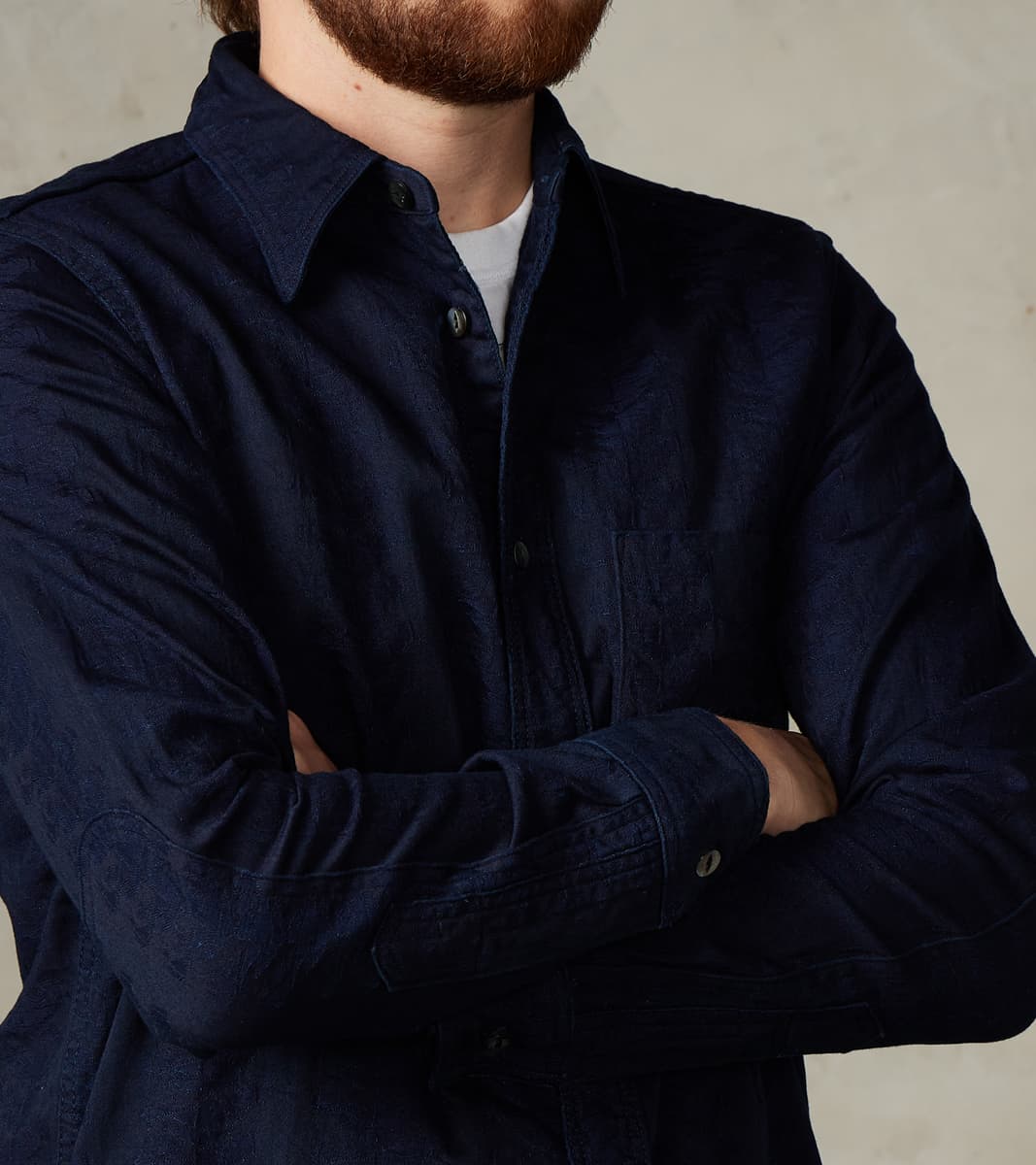 SSS26-01W Indigo Dyed Sengen Jacquard Work Shirt