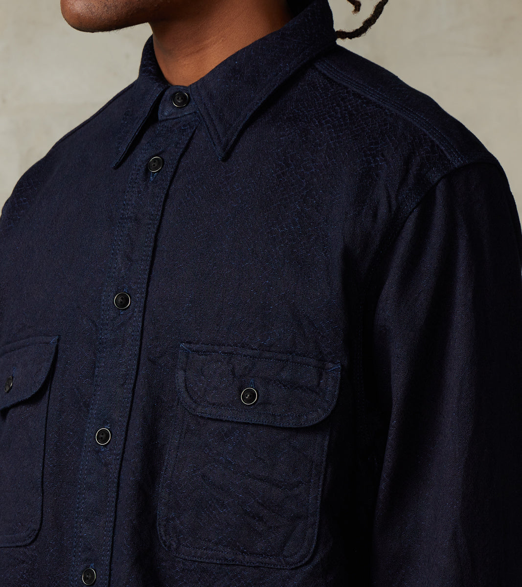 SSS25-01W Indigo Dyed Snake Jacquard Work Shirt