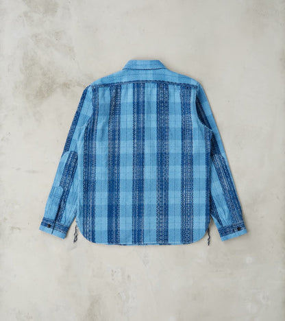 SKN24-01W Indigo Dyed Sashiko Flannel Rain Drop Kasuri Work Shirt