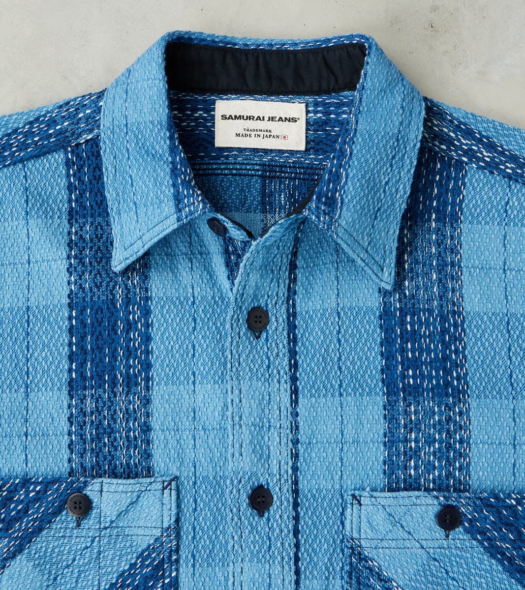 SKN24-01W Indigo Dyed Sashiko Flannel Rain Drop Kasuri Work Shirt