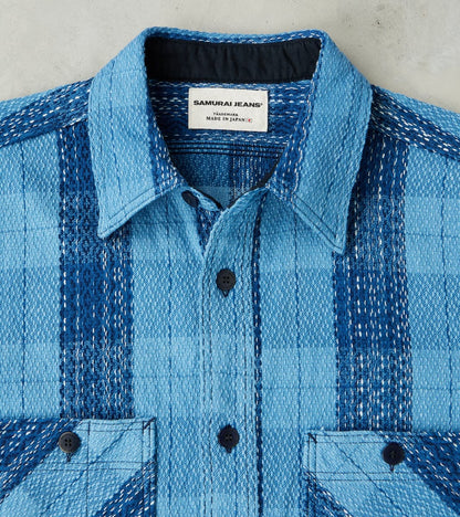 SKN24-01W Indigo Dyed Sashiko Flannel Rain Drop Kasuri Work Shirt