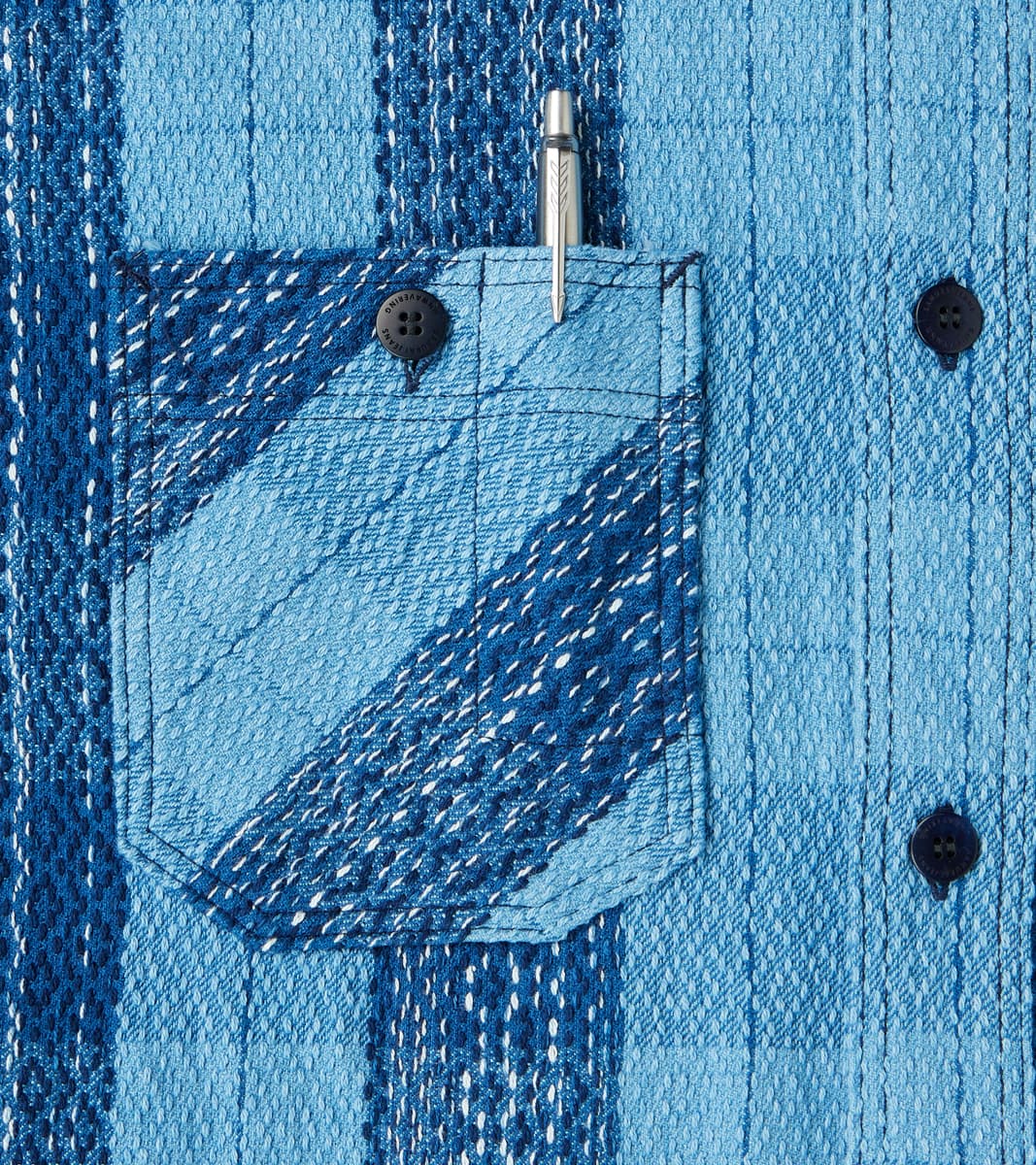SKN24-01W Indigo Dyed Sashiko Flannel Rain Drop Kasuri Work Shirt