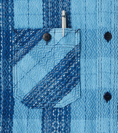 SKN24-01W Indigo Dyed Sashiko Flannel Rain Drop Kasuri Work Shirt
