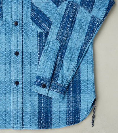 SKN24-01W Indigo Dyed Sashiko Flannel Rain Drop Kasuri Work Shirt
