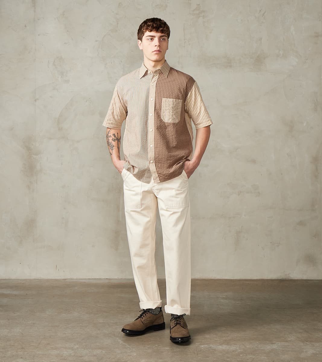 Baggy Fit Short Sleeve Crazy Shirt - Organic Cotton Seersucker Cloth - Brown