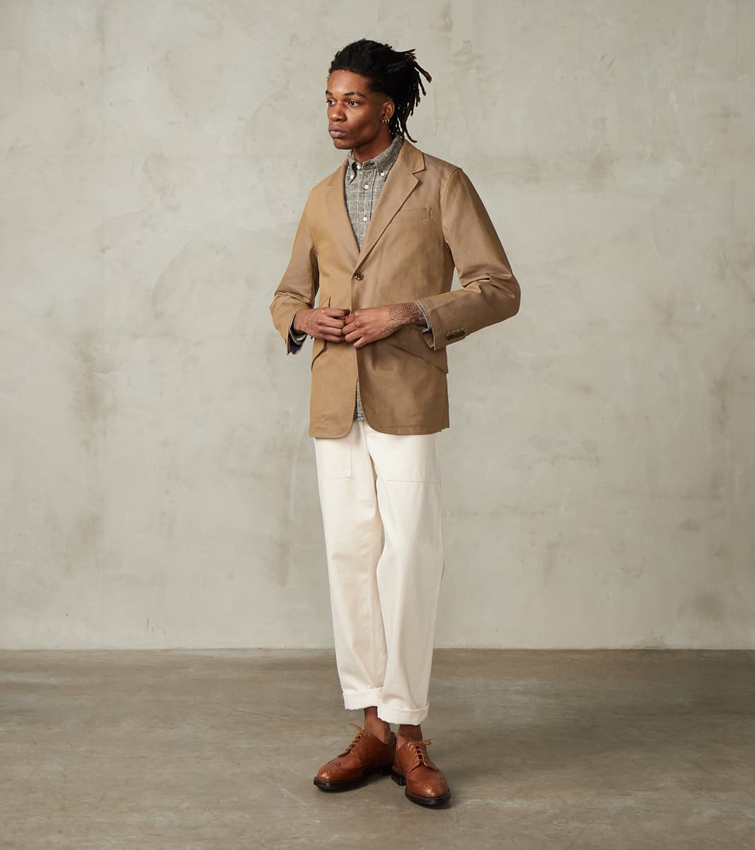 Single Breasted 2-Button Jacket - Cotton Recycled Polyester Twill - Khaki