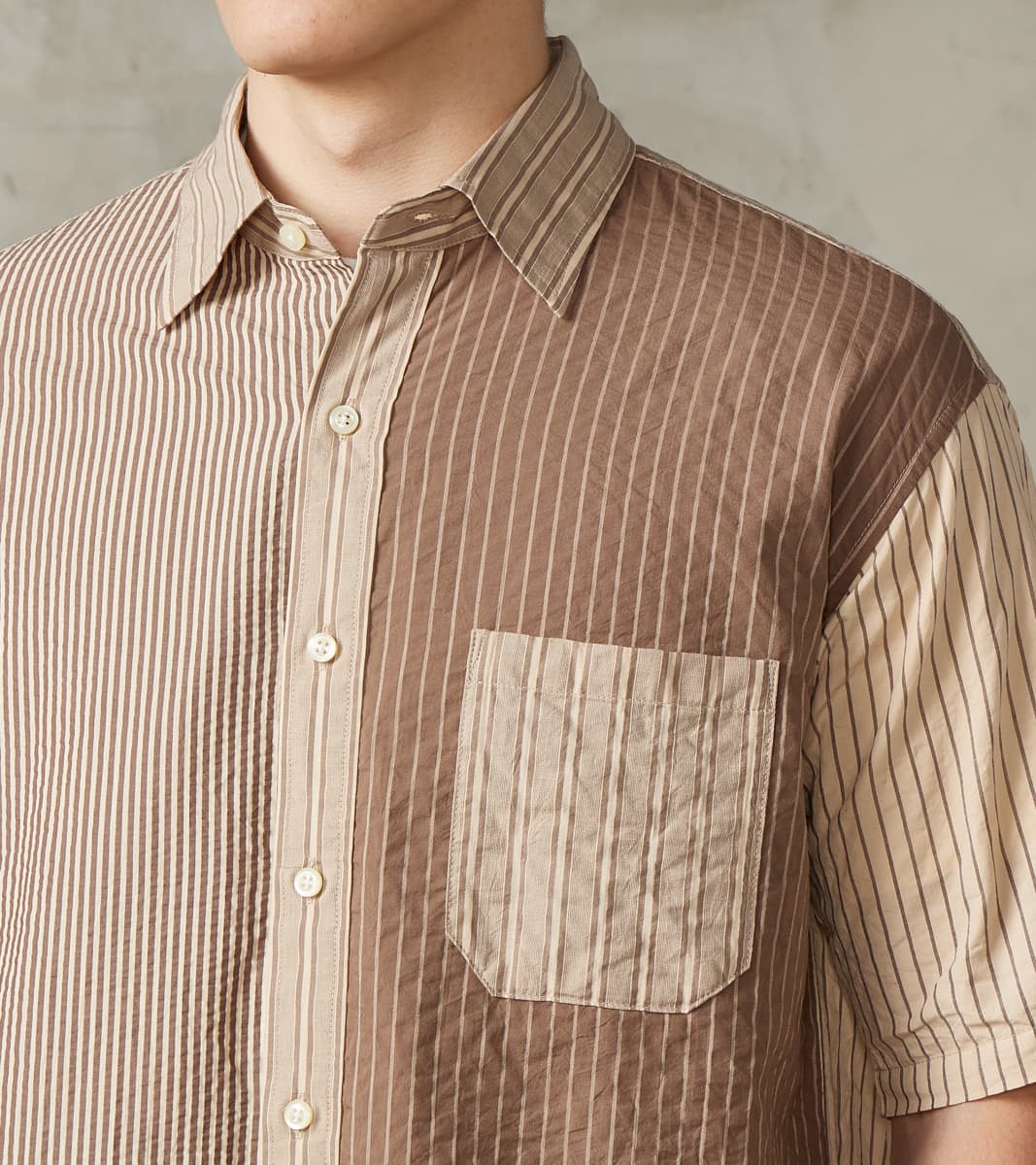 Baggy Fit Short Sleeve Crazy Shirt - Organic Cotton Seersucker Cloth - Brown