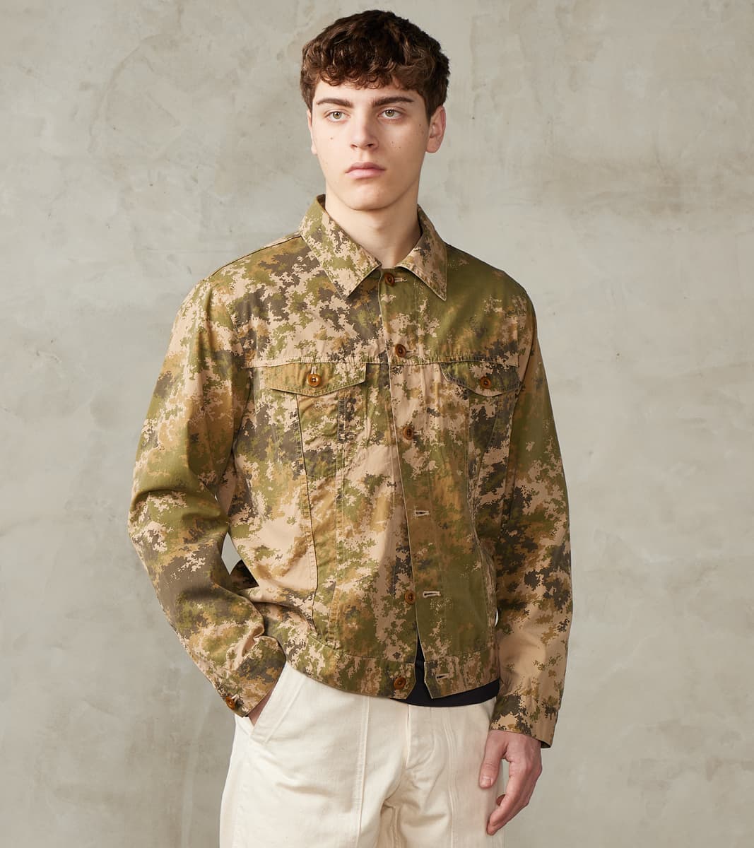 ts(s) Trucker Jacket - Camo Garment Dye Cotton Cloth - Beige